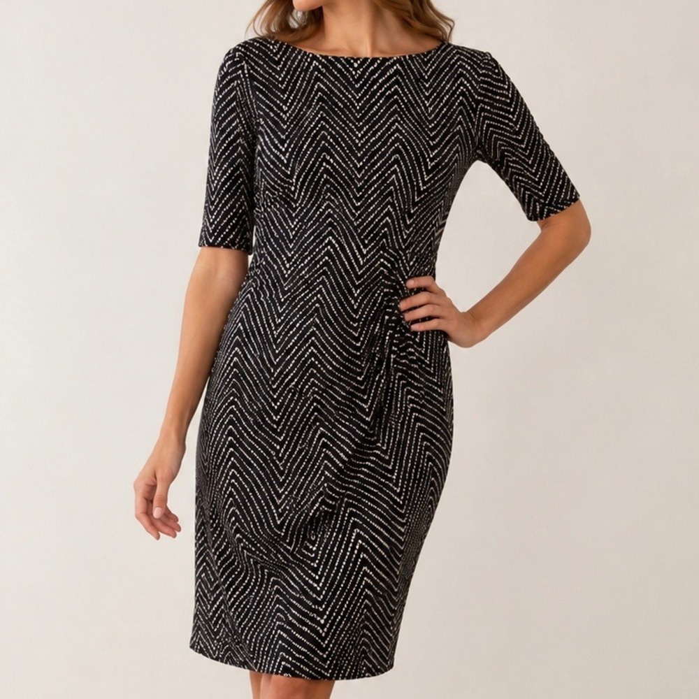 Connected Apparel Black & Cream Chevron Print Ruched Sheath Dress Size 10